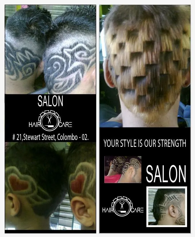 In-house marketing collage from Hair Care Barber Shop, showing several back-of-head hair design samples, the SALON wordmark, the Stewart Street address, and the tagline Your style is our strength